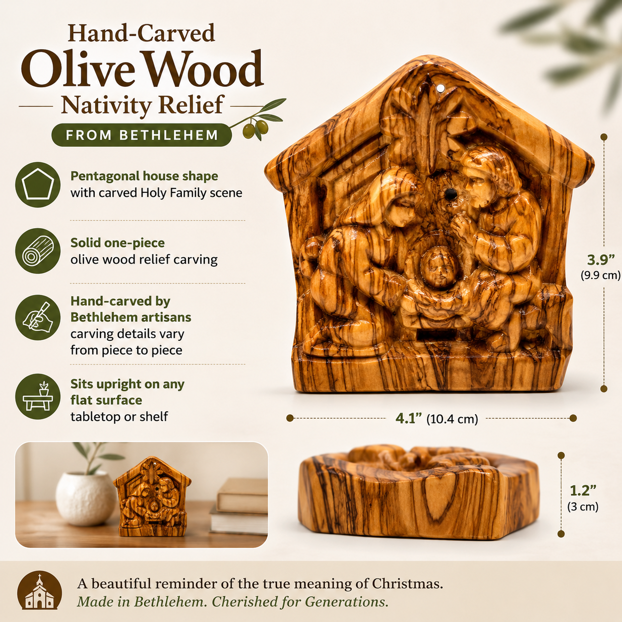 Olive Wood Holy Family features, size, and weight infographic, hand carved olive wood nativity from Bethlehem