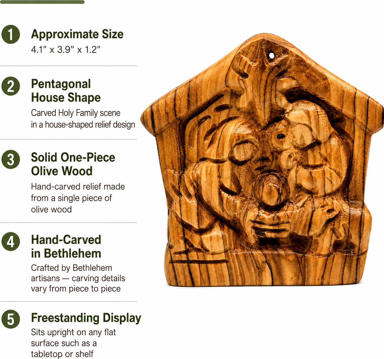 Olive Wood Holy Family features, size, and weight infographic, hand carved olive wood nativity from Bethlehem