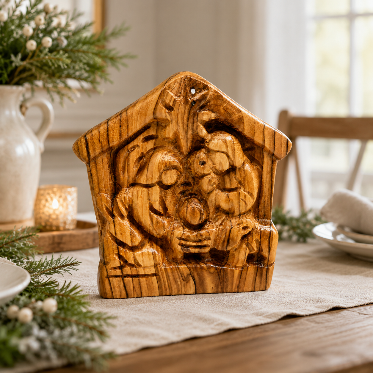 Olive Wood Holy Family displayed on a Christmas mantel, hand carved olive wood Bethlehem nativity