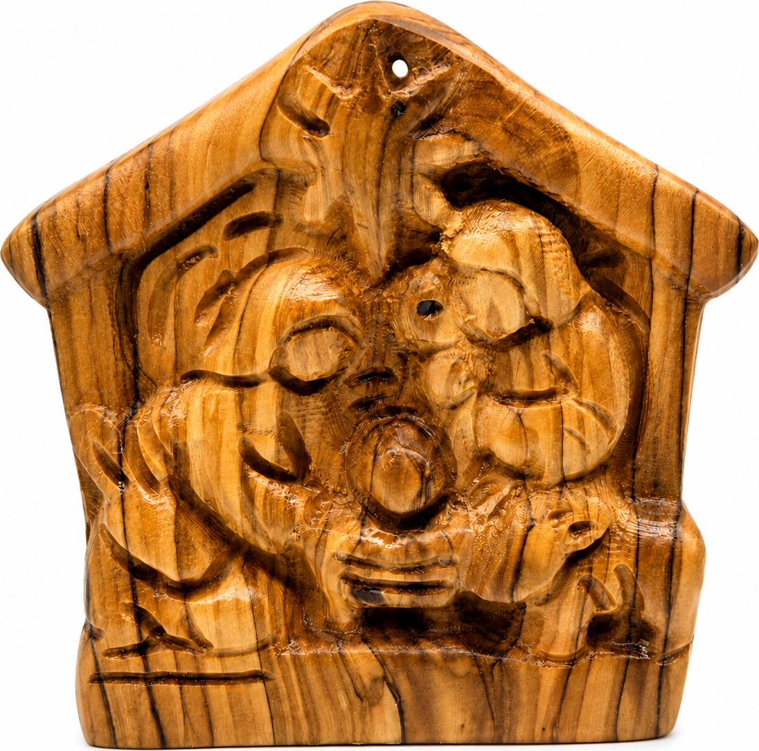 Genuine Olive Wood Holy Family Figurine, Hand Carved Pentagonal Relief from Bethlehem, hand carved olive wood from Bethlehem
