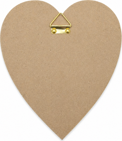 Back of olive wood Holy Family heart plaque with brass triangle wall hanger pre installed Bethlehem