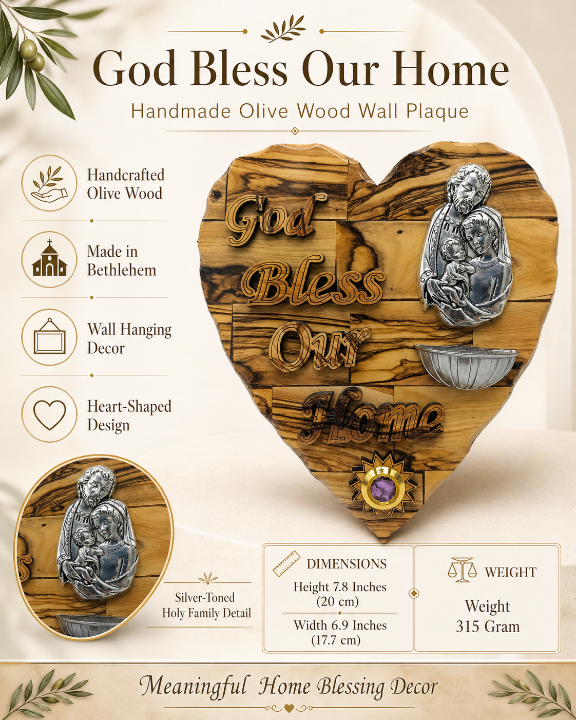 Silver scallop holy water font and Bethlehem incense capsule close up on olive wood Holy Family heart plaque