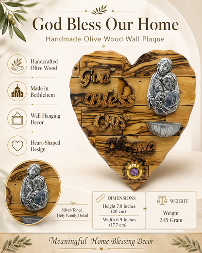 Silver scallop holy water font and Bethlehem incense capsule close up on olive wood Holy Family heart plaque