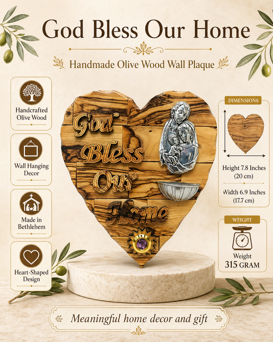 Saint Joseph with Christ Child silver icon close detail on olive wood Bethlehem Holy Family heart plaque