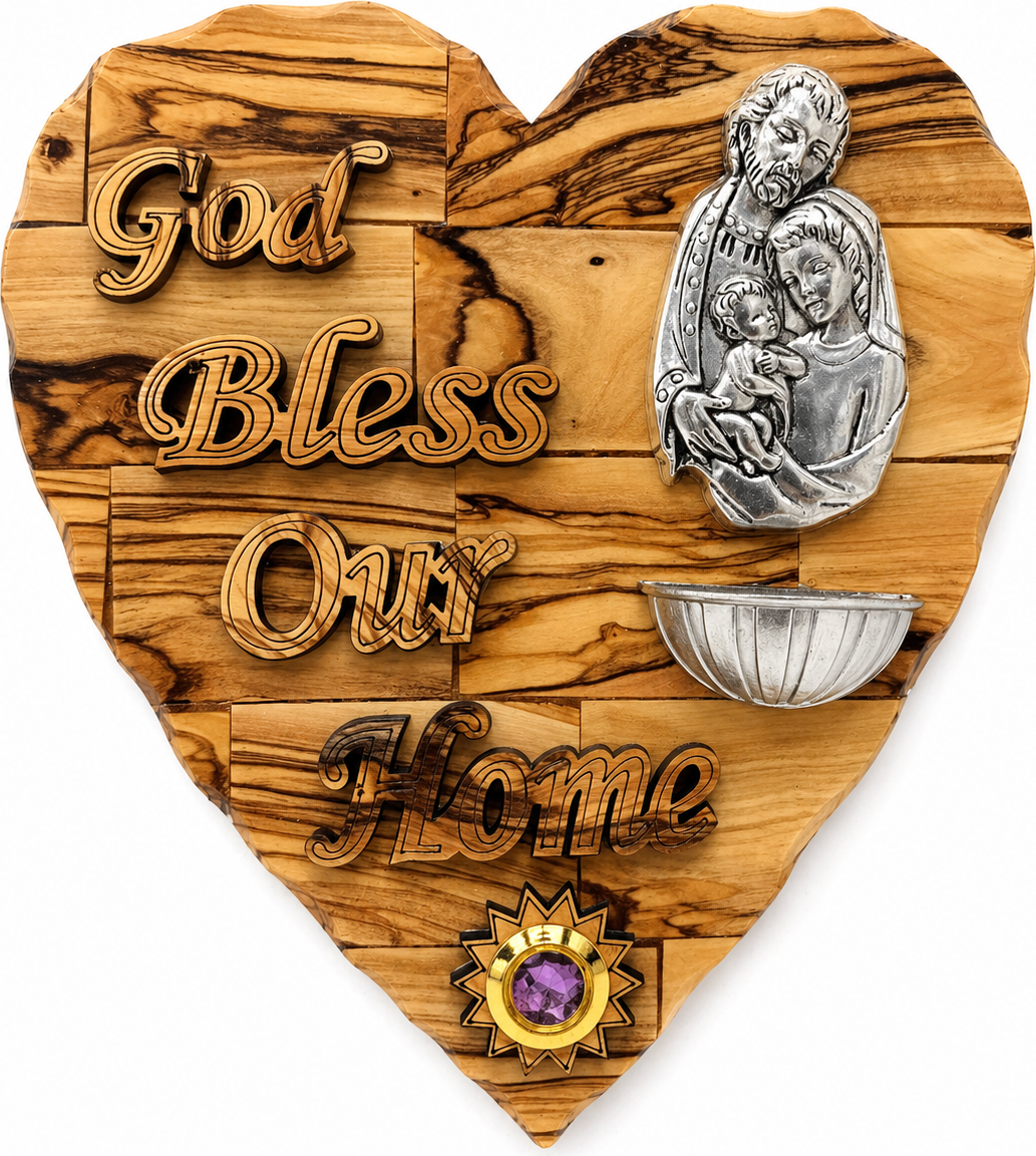 Olive wood Holy Family heart plaque from Bethlehem with Saint Joseph icon, holy water font, and incense capsule