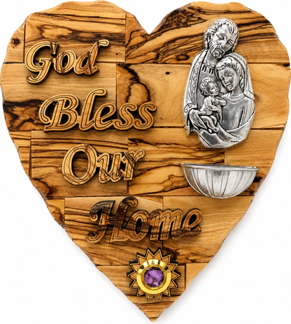 Olive wood Holy Family heart plaque from Bethlehem with Saint Joseph icon, holy water font, and incense capsule