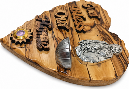 Side angle of olive wood Holy Family heart plaque from Bethlehem showing 4 cm depth and silver holy water font detail