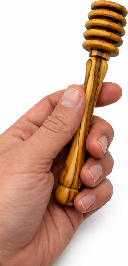 Handmade olive wood honey dipper from Bethlehem side angle from Bethlehem Holy Land