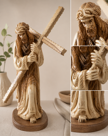 Jesus carrying the cross olive wood statue with close views of face hands and robe