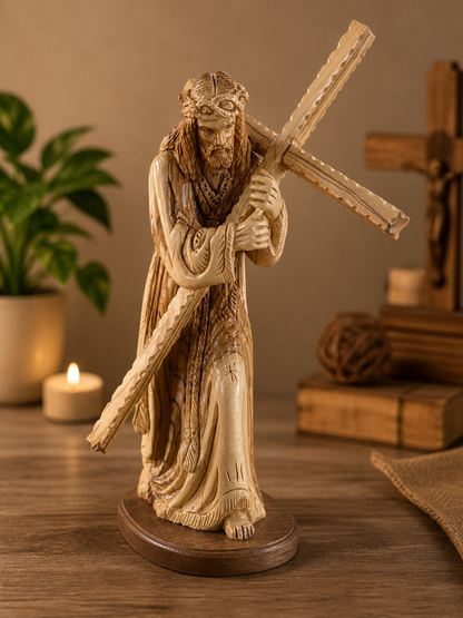 Olive wood Passion of Christ statue photographed in warm devotional light