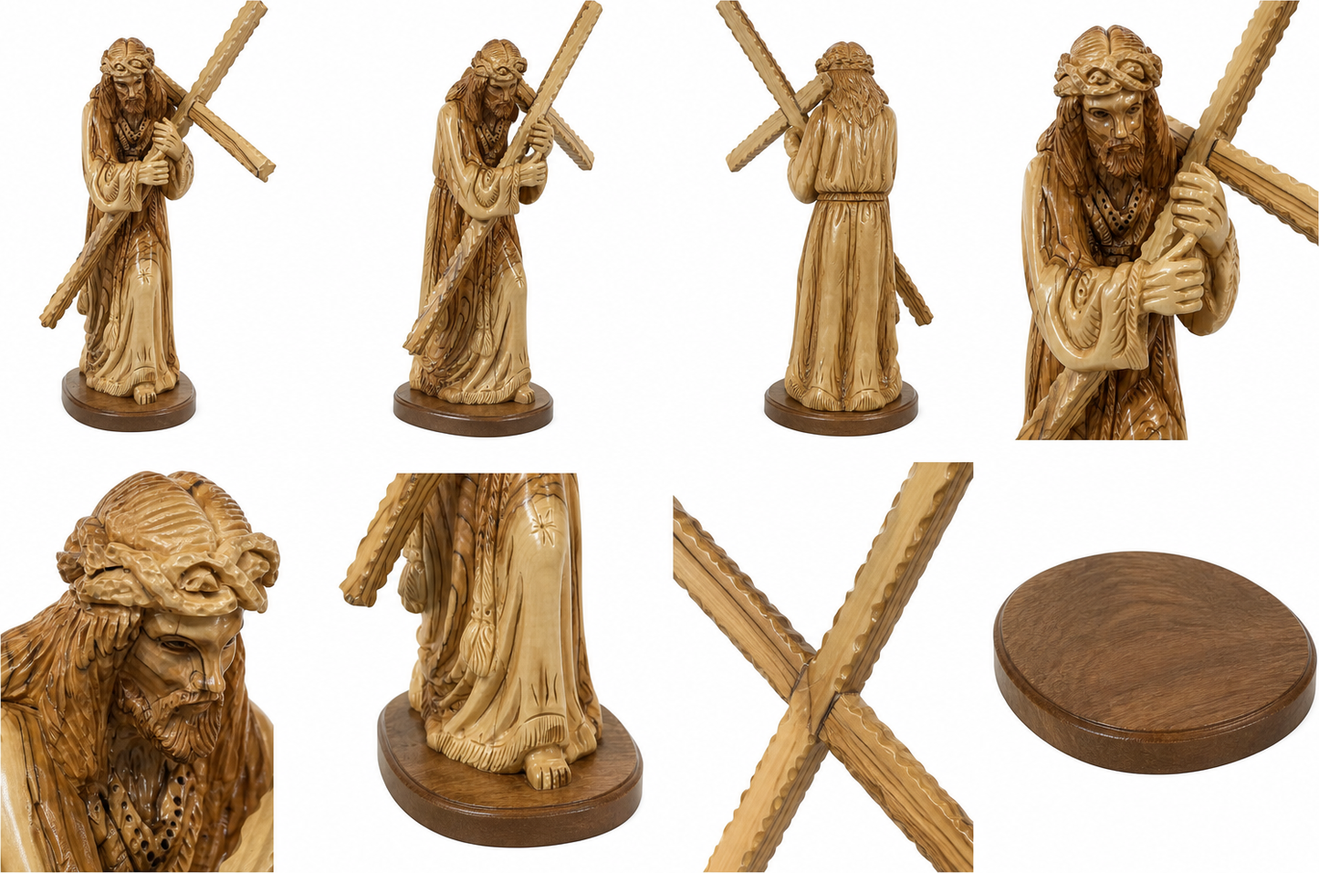Multiple verified views and carved details of the Jesus carrying the cross statue