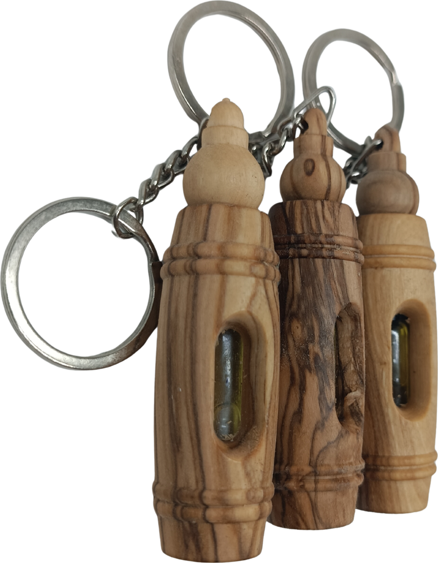 Handcrafted olive wood keychain with encased pure olive oil from Bethlehem, set of 3