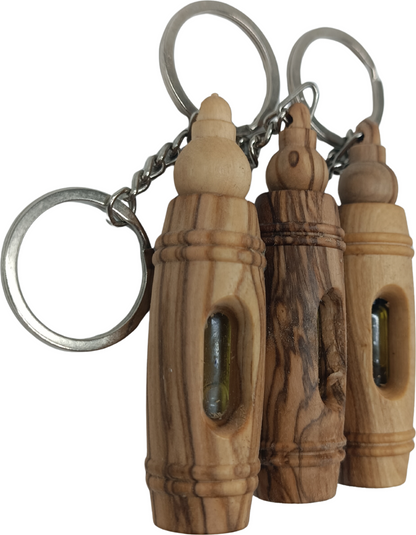 Handcrafted olive wood keychain with encased pure olive oil from Bethlehem, set of 3