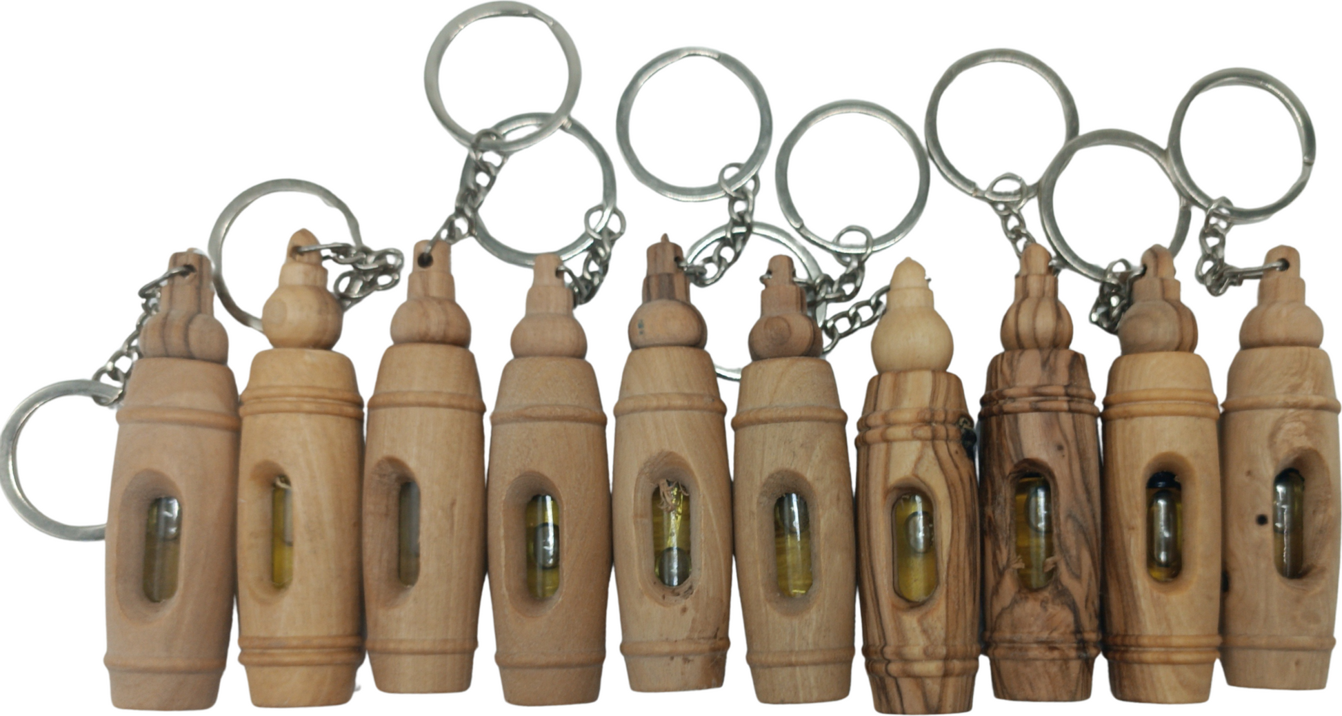 Handcrafted olive wood keychain with encased pure olive oil from Bethlehem, pack of 10