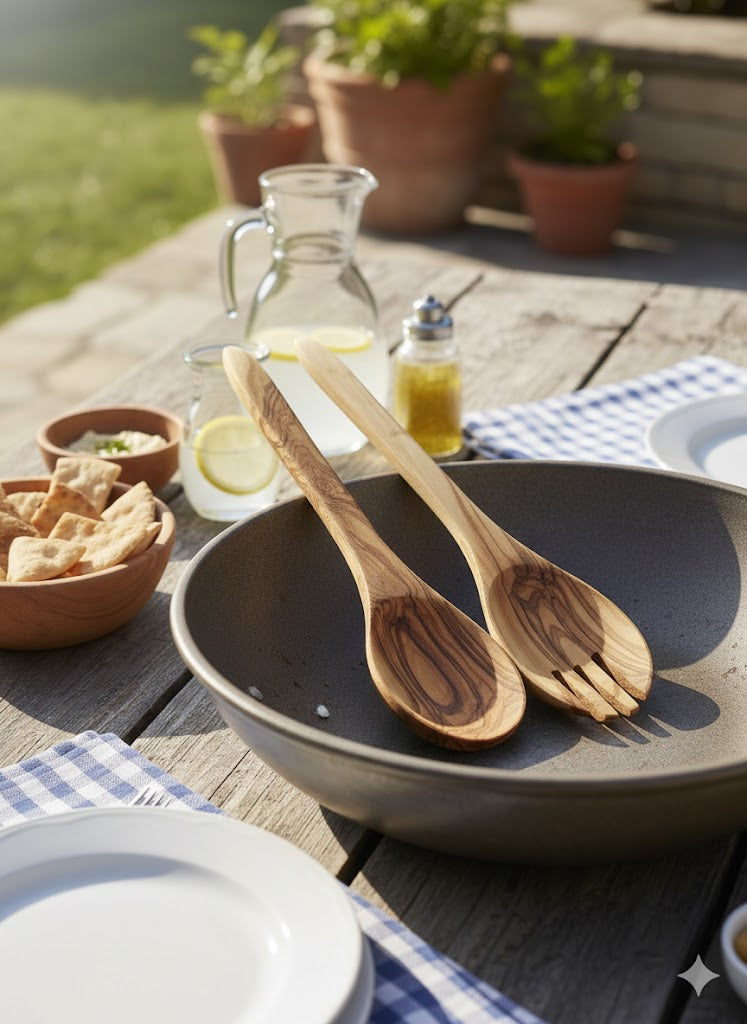 Handmade olive wood kitchen utensil set from Bethlehem detail shot from Bethlehem Holy Land