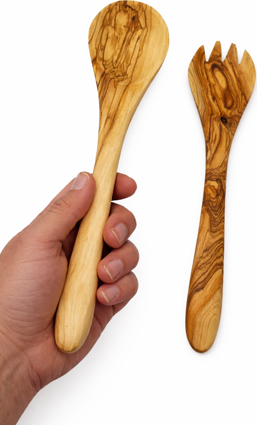 Handmade olive wood kitchen utensil set from Bethlehem in hand size from Bethlehem Holy Land