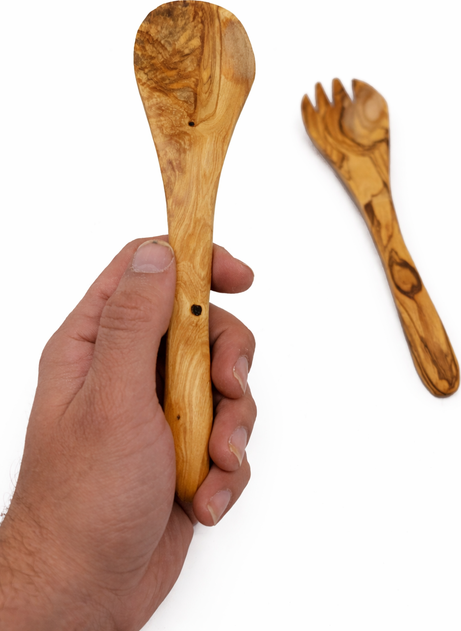 Handmade olive wood kitchen utensil set from Bethlehem in hand size from Bethlehem Holy Land