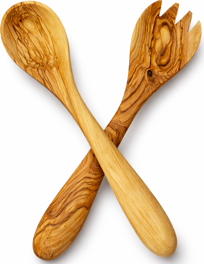 Handmade olive wood kitchen utensil set from Bethlehem, main product photo, hand carved Christian artisan workshop