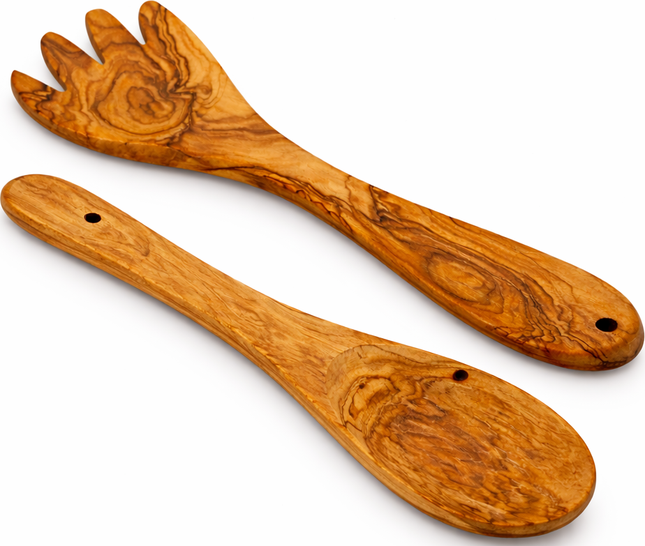 Handmade olive wood kitchen utensil set from Bethlehem, main product photo, hand carved Christian artisan workshop