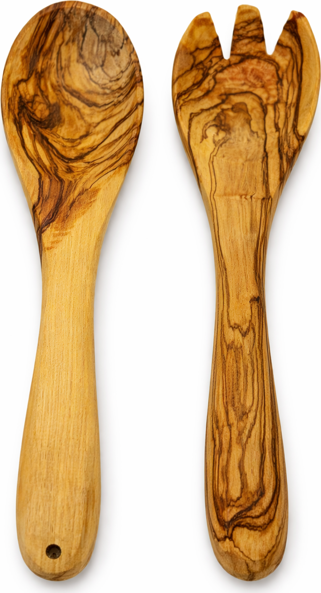 Handmade olive wood kitchen utensil set from Bethlehem top view from Bethlehem Holy Land