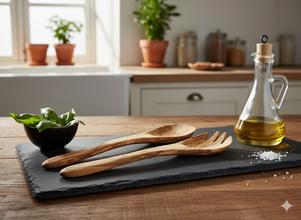 Handmade olive wood kitchen utensil set from Bethlehem use case from Bethlehem Holy Land