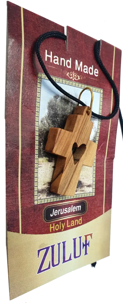 Olive wood love heart cross pendant necklace from the holy land