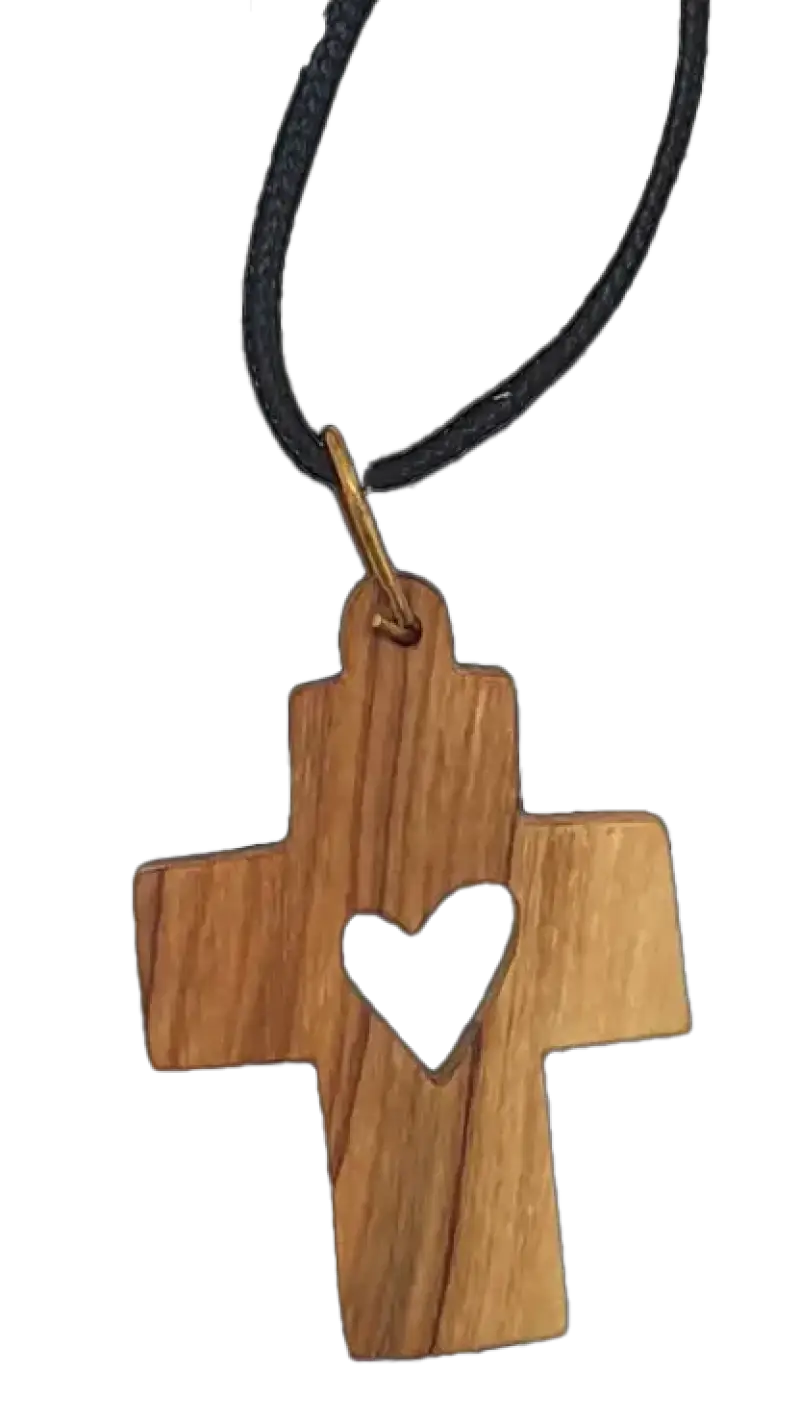 Olive wood love heart cross pendant necklace from the holy land