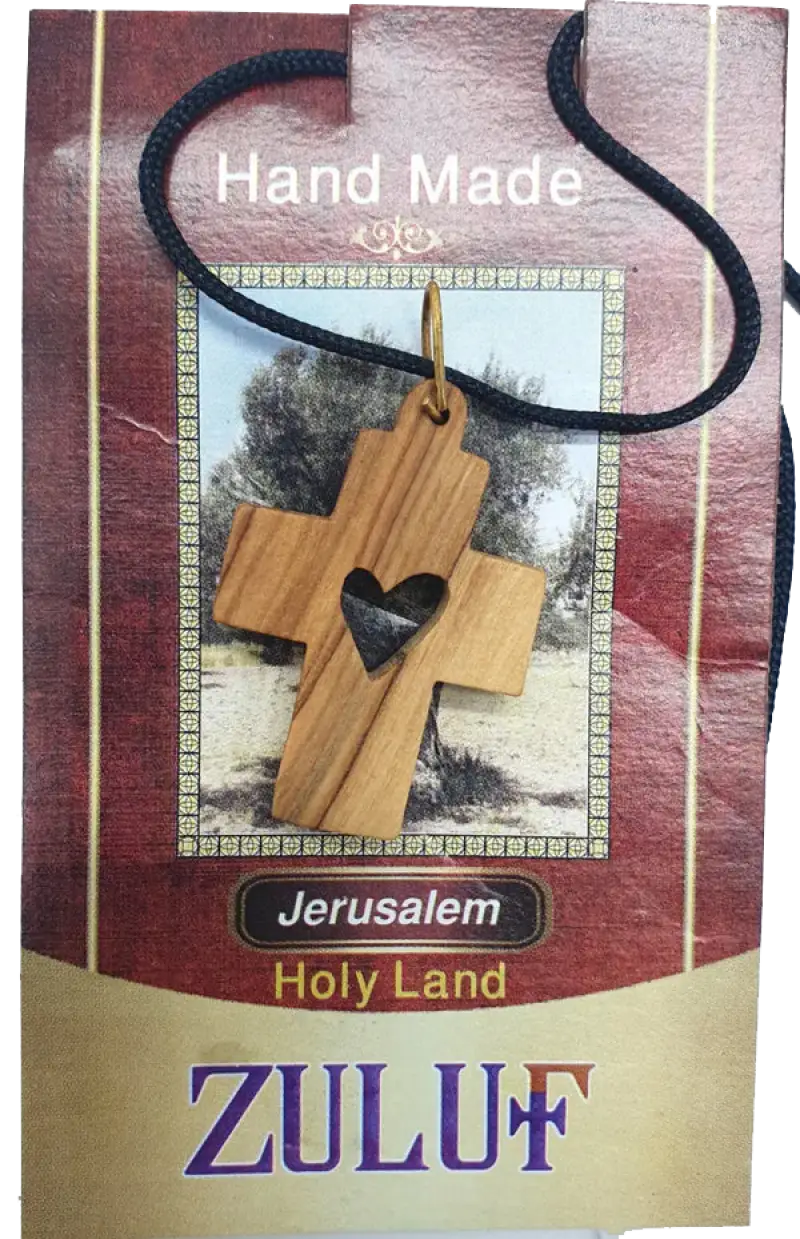Olive wood love heart cross pendant necklace from the holy land