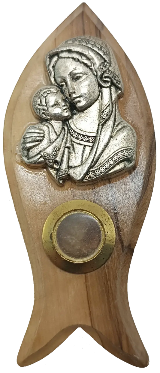 Olive wood magnet – virgin mary with baby jesus & relic capsule - magnet