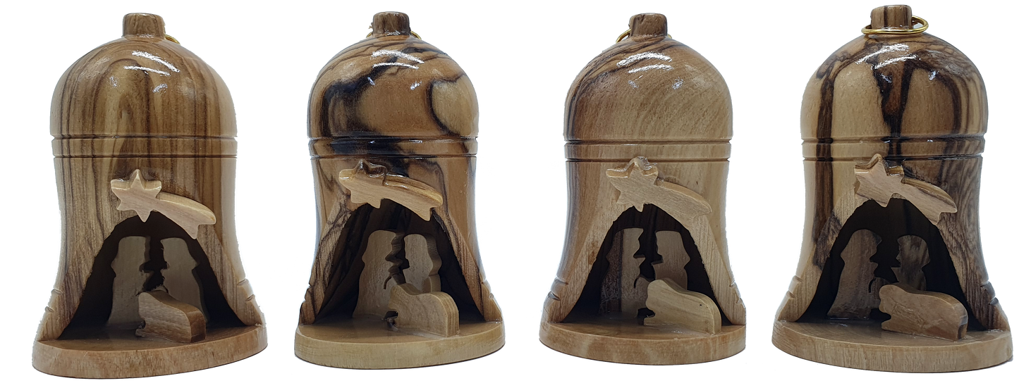 Set of 4 olive wood nativity bell ornaments from Bethlehem