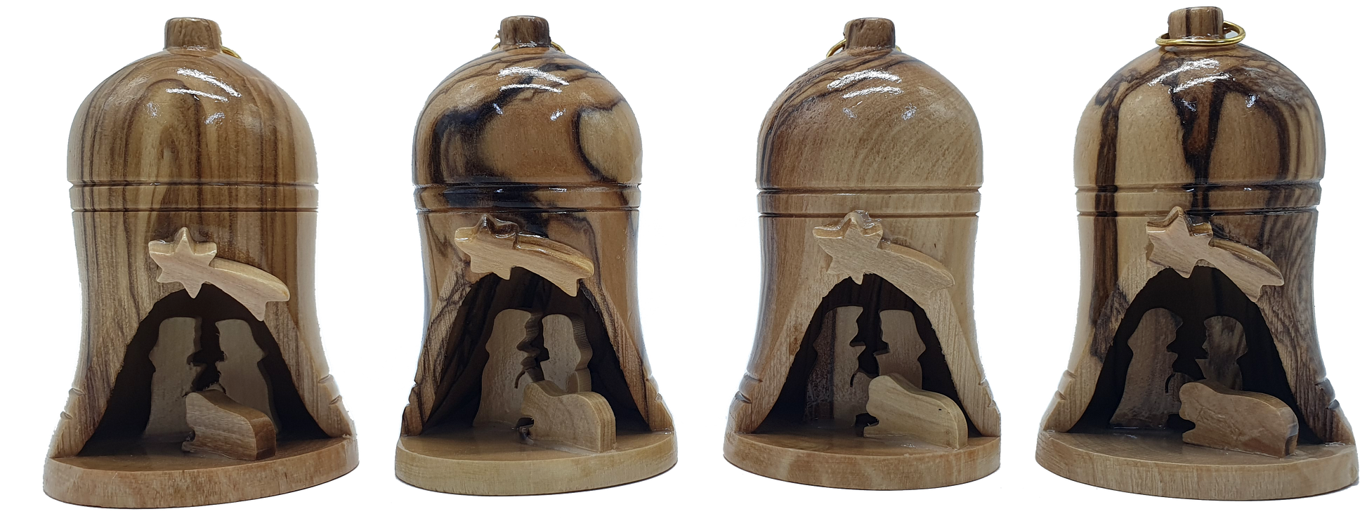 Set of 4 olive wood nativity bell ornaments from Bethlehem
