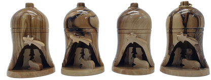 Set of 4 olive wood nativity bell ornaments from Bethlehem