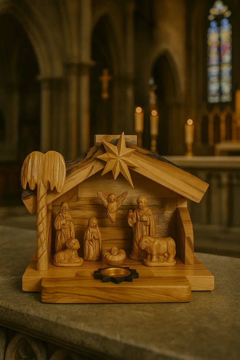 Olive wood nativity scene from bethlehem – gypsum holy family figures in handcrafted manger with bark roof & candle