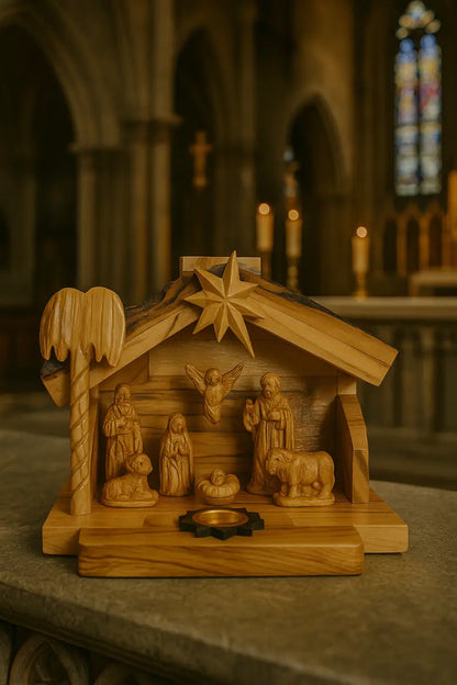 Olive wood nativity scene from bethlehem – gypsum holy family figures in handcrafted manger with bark roof & candle