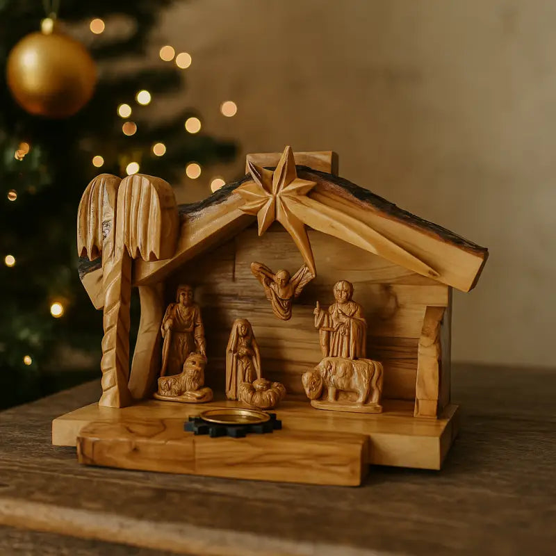 Olive wood nativity scene from bethlehem – gypsum holy family figures in handcrafted manger with bark roof & candle