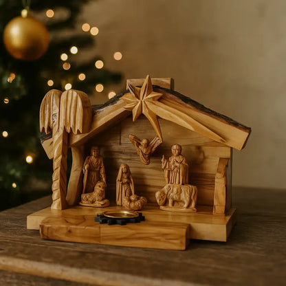 Olive wood nativity scene from bethlehem – gypsum holy family figures in handcrafted manger with bark roof & candle