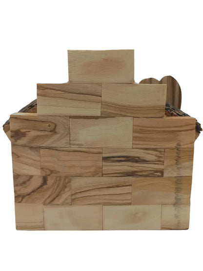 Olive wood nativity scene from bethlehem – gypsum holy family figures in handcrafted manger with bark roof & candle