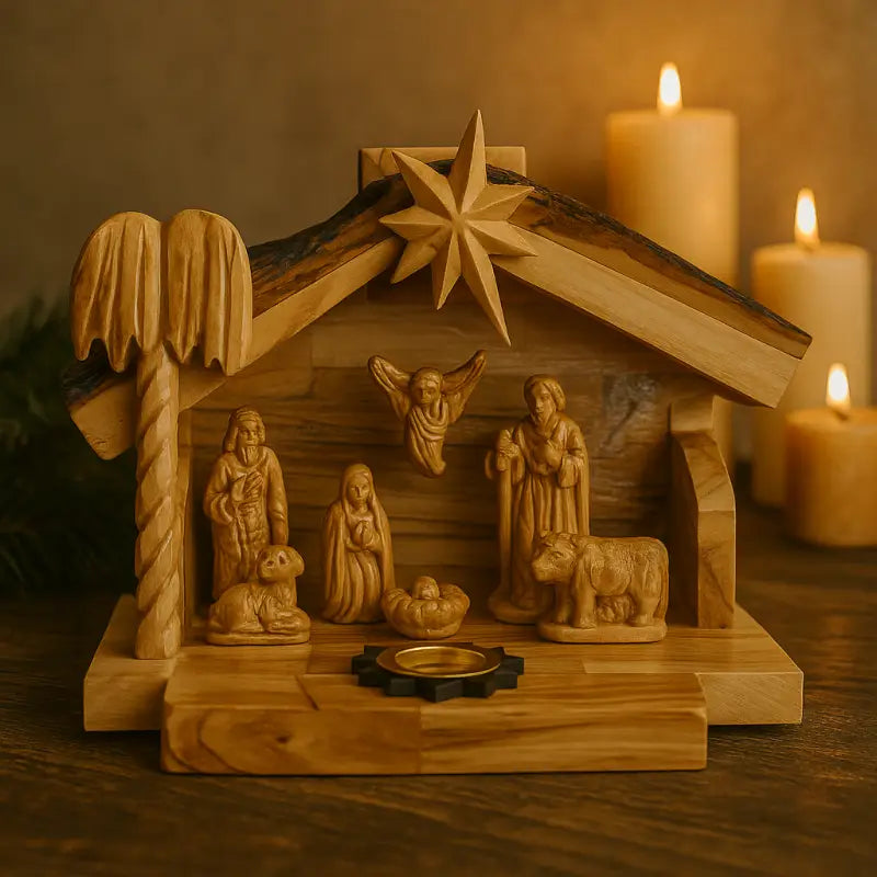 Olive wood nativity scene from bethlehem – gypsum holy family figures in handcrafted manger with bark roof & candle