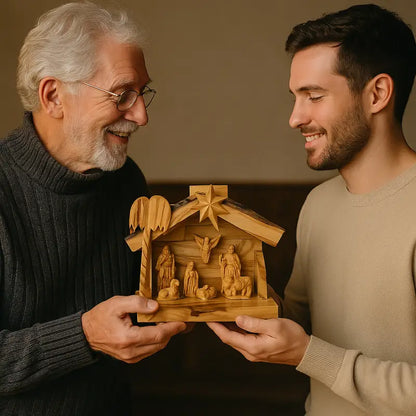 Olive wood nativity scene from bethlehem – gypsum holy family figures in handcrafted manger with bark roof & candle