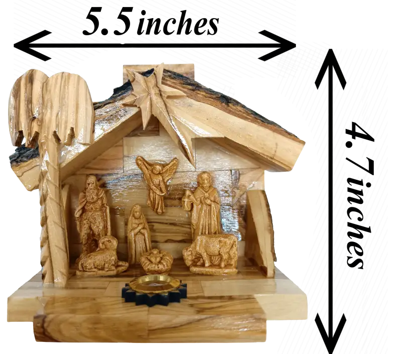 Olive wood nativity scene from bethlehem – gypsum holy family figures in handcrafted manger with bark roof & candle