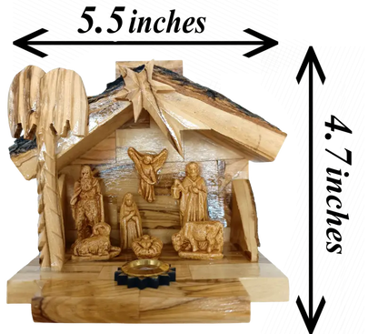 Olive wood nativity scene from bethlehem – gypsum holy family figures in handcrafted manger with bark roof & candle