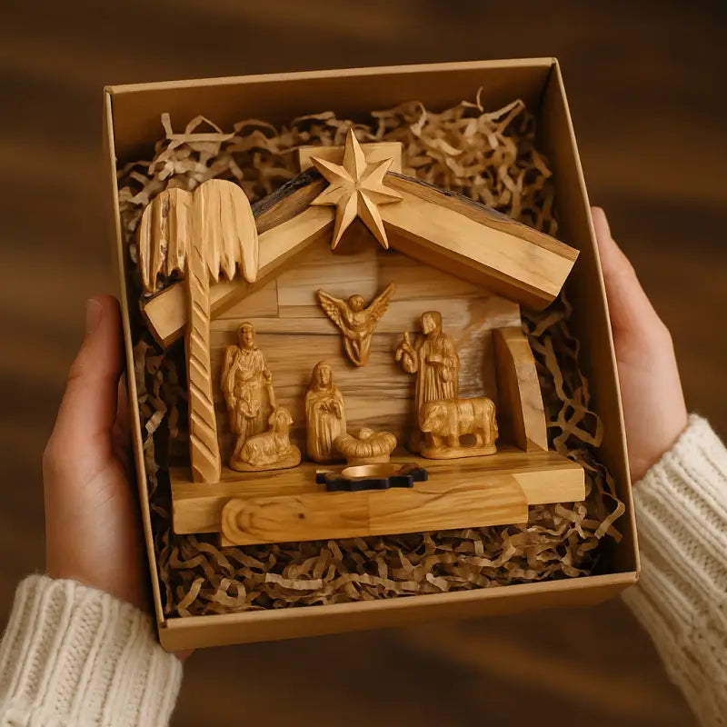 Olive wood nativity scene from bethlehem – gypsum holy family figures in handcrafted manger with bark roof & candle