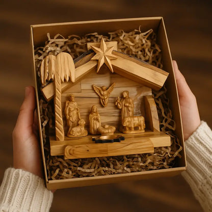 Olive wood nativity scene from bethlehem – gypsum holy family figures in handcrafted manger with bark roof & candle