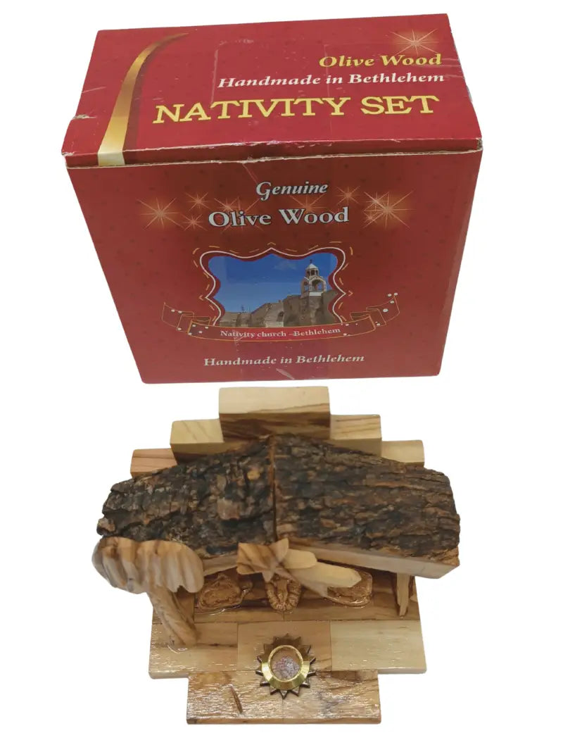 Olive wood nativity scene from bethlehem – gypsum holy family figures in handcrafted manger with bark roof & candle