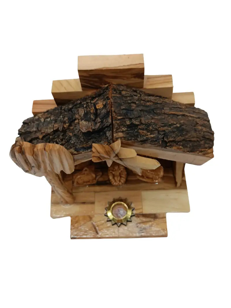 Olive wood nativity scene from bethlehem – gypsum holy family figures in handcrafted manger with bark roof & candle