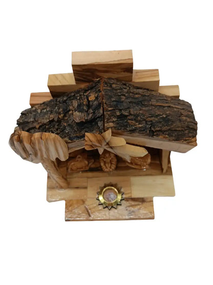 Olive wood nativity scene from bethlehem – gypsum holy family figures in handcrafted manger with bark roof & candle