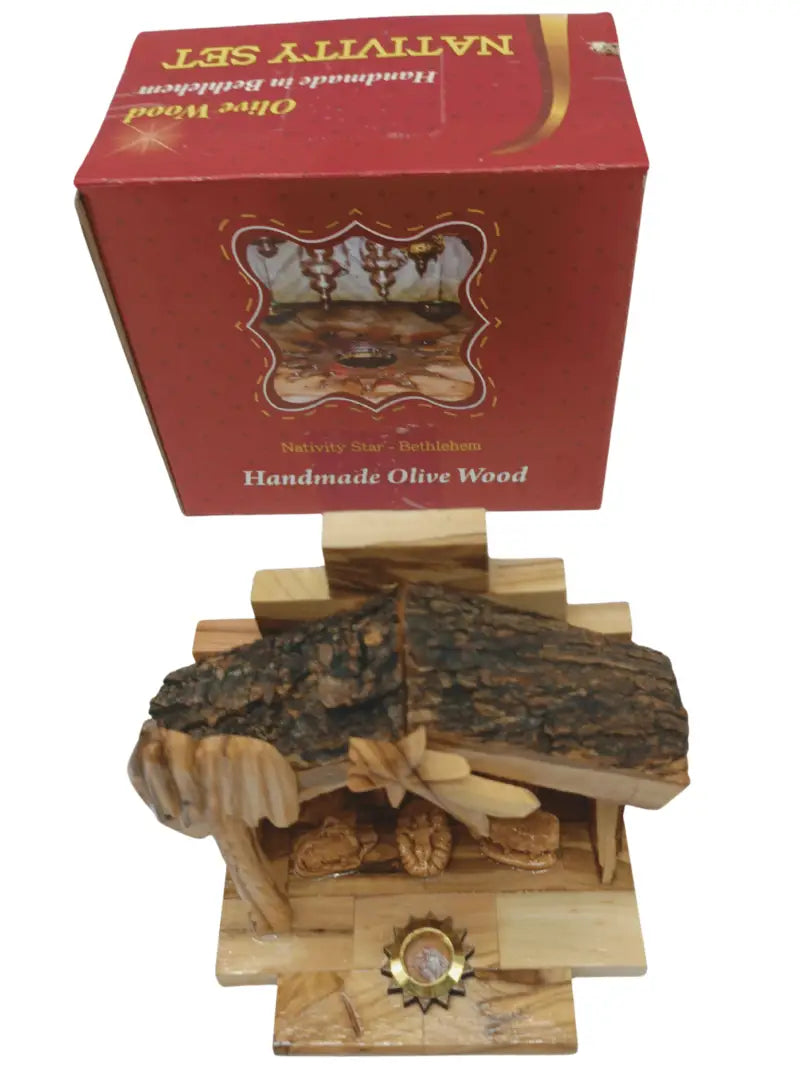 Olive wood nativity scene from bethlehem – gypsum holy family figures in handcrafted manger with bark roof & candle