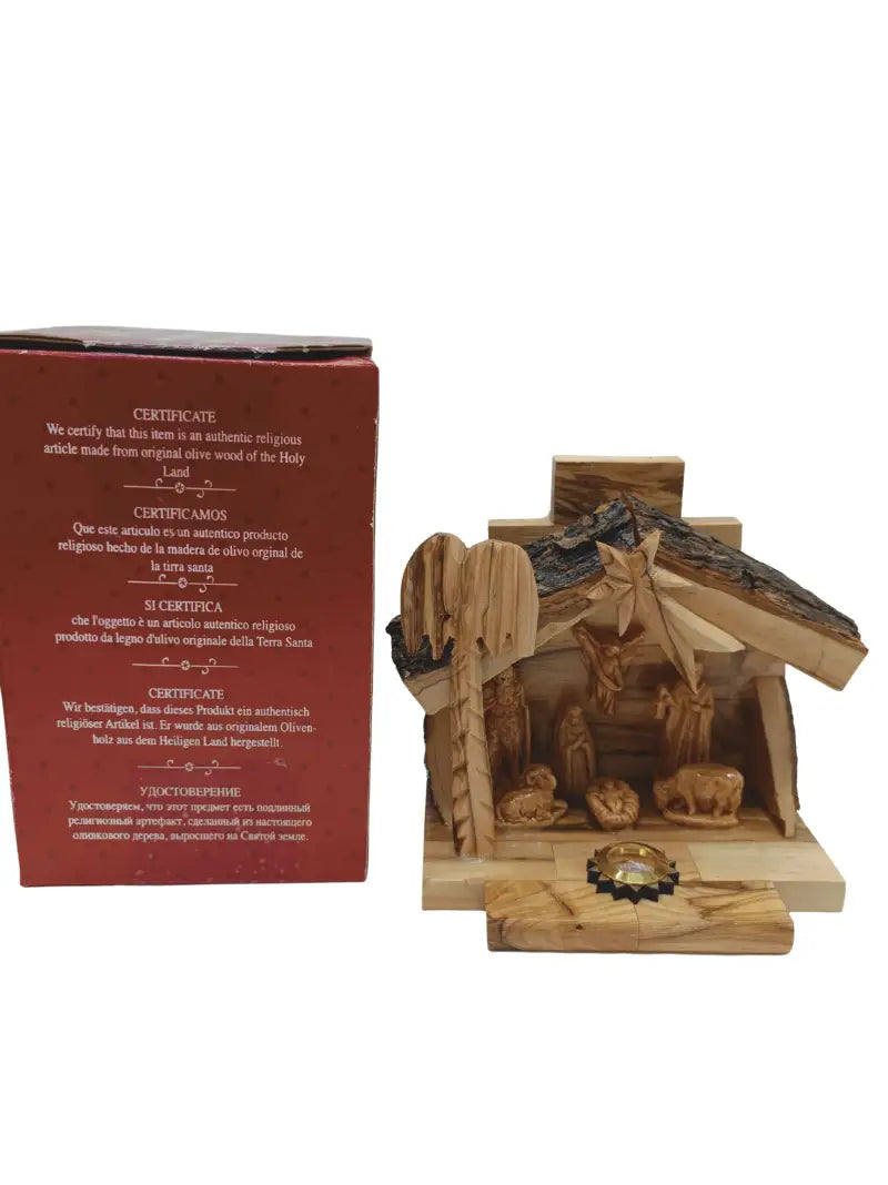 Olive wood nativity scene from bethlehem – gypsum holy family figures in handcrafted manger with bark roof & candle