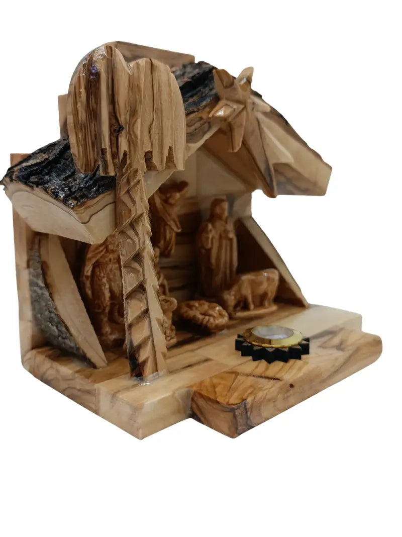 Olive wood nativity scene from bethlehem – gypsum holy family figures in handcrafted manger with bark roof & candle
