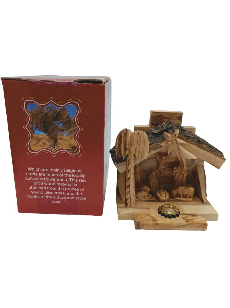 Olive wood nativity scene from bethlehem – gypsum holy family figures in handcrafted manger with bark roof & candle